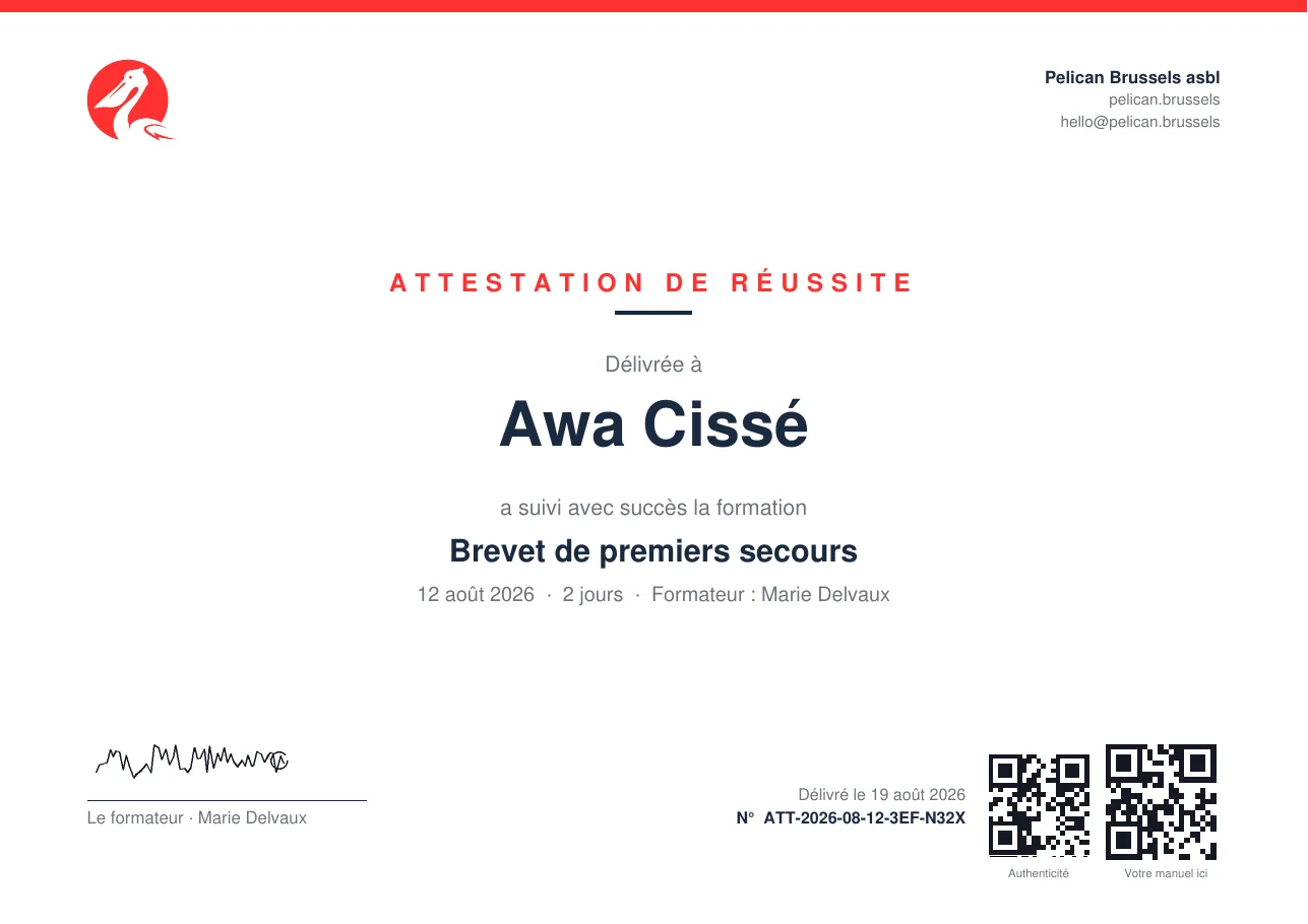 Attestation de réussite générée par Formaplan : numéro unique, signature du formateur, codes QR d'authenticité