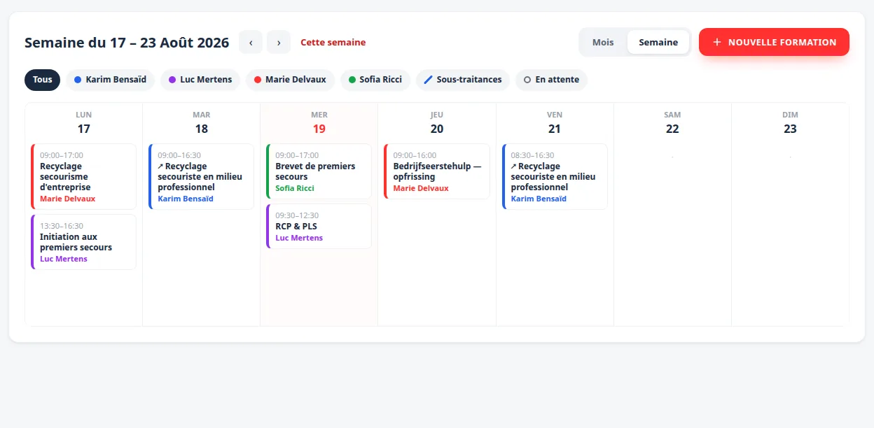 Vue semaine du calendrier Formaplan : sessions colorées par formateur, sous-traitances signalées, filtres par formateur