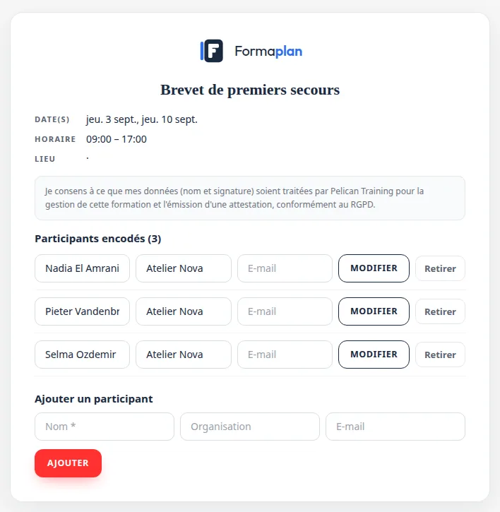 Page d'inscription client Formaplan via lien à jeton : participants encodés par l'entreprise, consentement RGPD affiché
