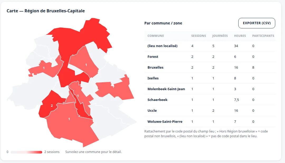Rapport d'activité Formaplan : carte choroplèthe de la Région de Bruxelles-Capitale et totaux par commune