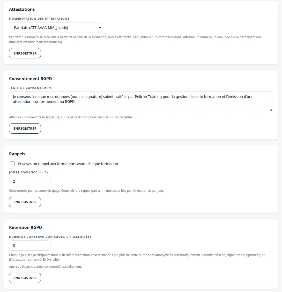 Réglages Formaplan : numérotation des attestations, texte de consentement RGPD et durée de conservation avec anonymisation automatique