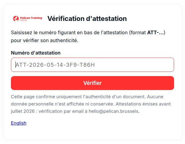 Page publique de vérification d'attestation : saisie du numéro, confirmation d'authenticité sans donnée personnelle